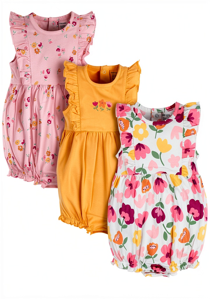 Baby girl wearing a soft cotton romper in a strawberry design