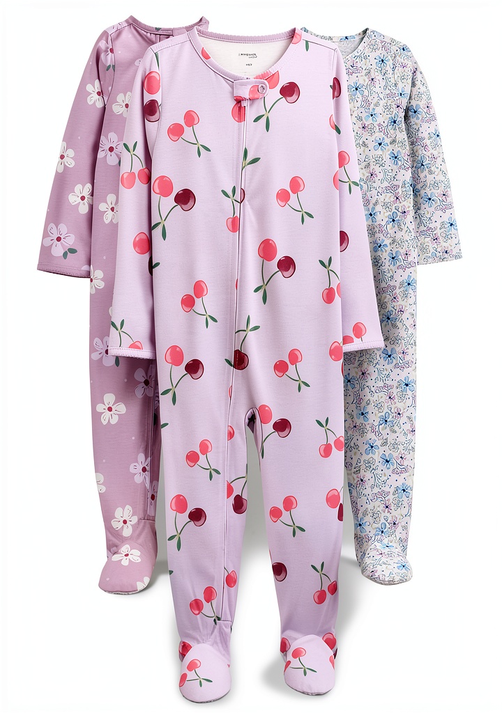 Baby girl wearing Carters footed pajamas in a playful print