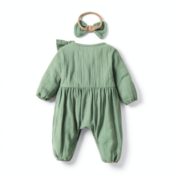 Pavo Baby Girl Green Smocked Romper Cotton Long Sleeve-2