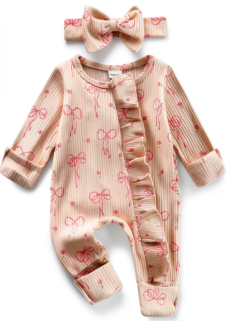 'Sweet Bow baby girl romper in cream color showing front design'