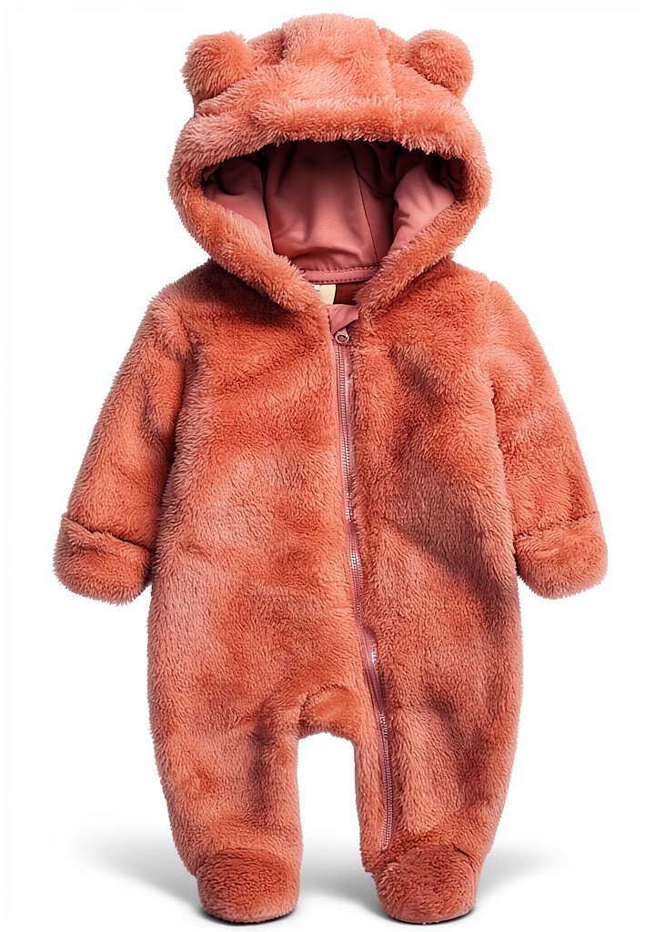 Baby girl wearing fleece romper with bear ears hood indoors