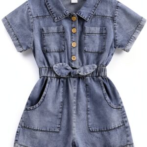 Toddler Girl Denim Jumpsuit Cotton Blend Short Sleeve Romper-0