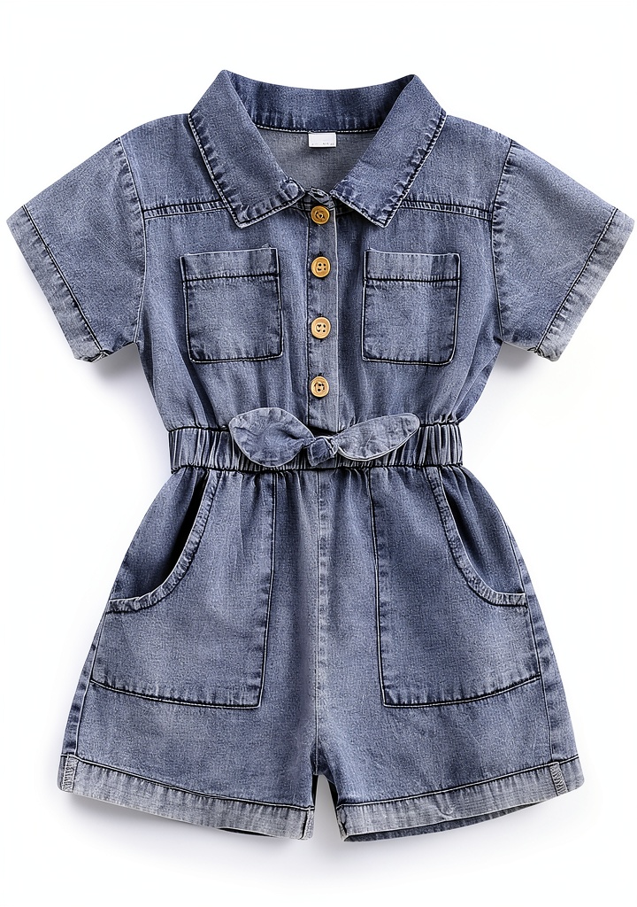 Toddler girl wearing denim jumpsuit in a playful outdoor setting