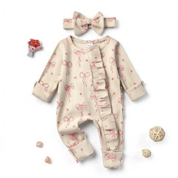 Sweet Bow Baby Girl Romper Cotton Ribbed Knit Newborn Outfit-1