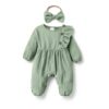 Pavo Baby Girl Green Smocked Romper Cotton Long Sleeve-1