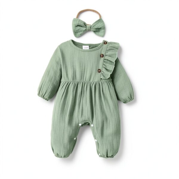 Pavo Baby Girl Green Smocked Romper Cotton Long Sleeve-1
