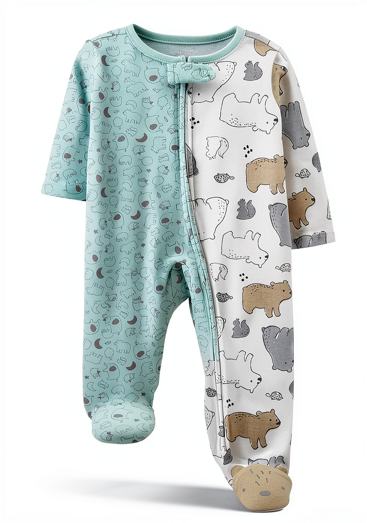 Carter's baby footie pajamas in neutral colors on an infant