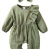 Pavo Baby Girl Green Smocked Romper Cotton Long Sleeve-0