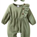 Pavo Baby Girl Green Smocked Romper Cotton Long Sleeve-0