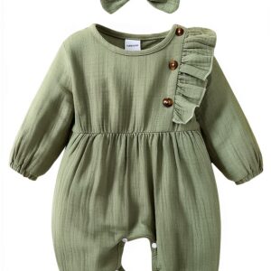 Pavo Baby Girl Green Smocked Romper Cotton Long Sleeve-0