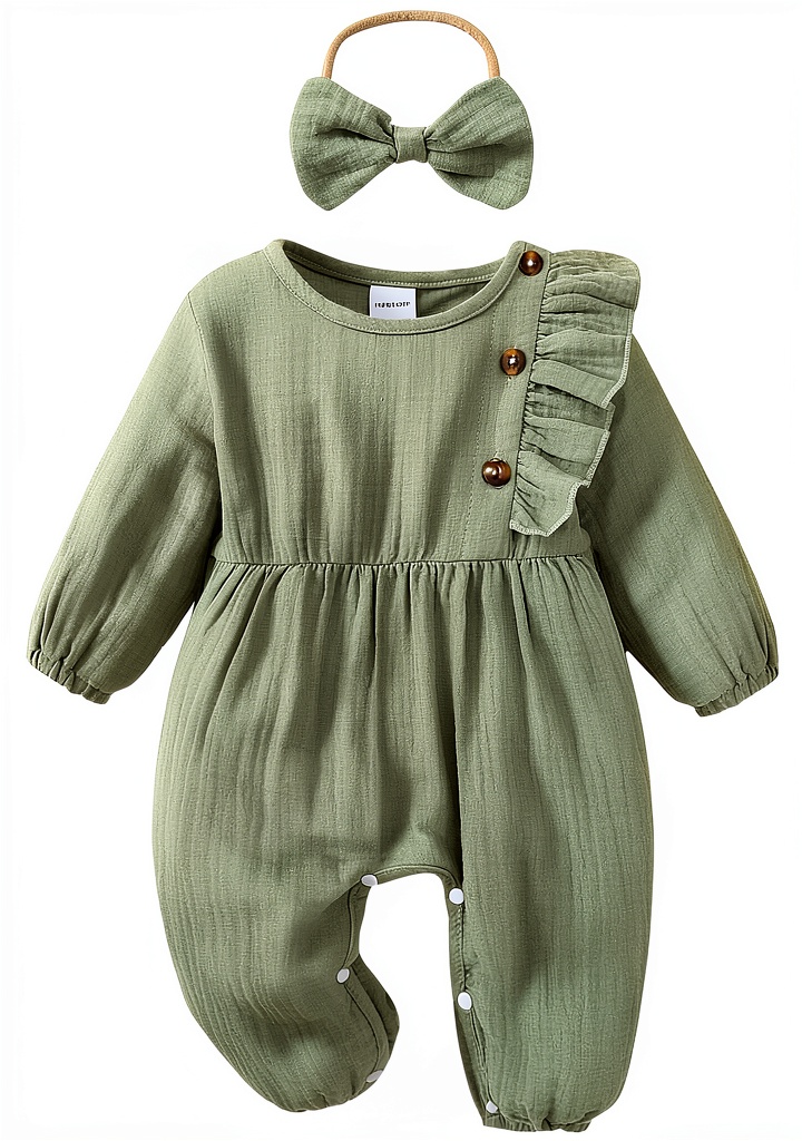 Pavo baby girl green romper with smocked design and bow headband