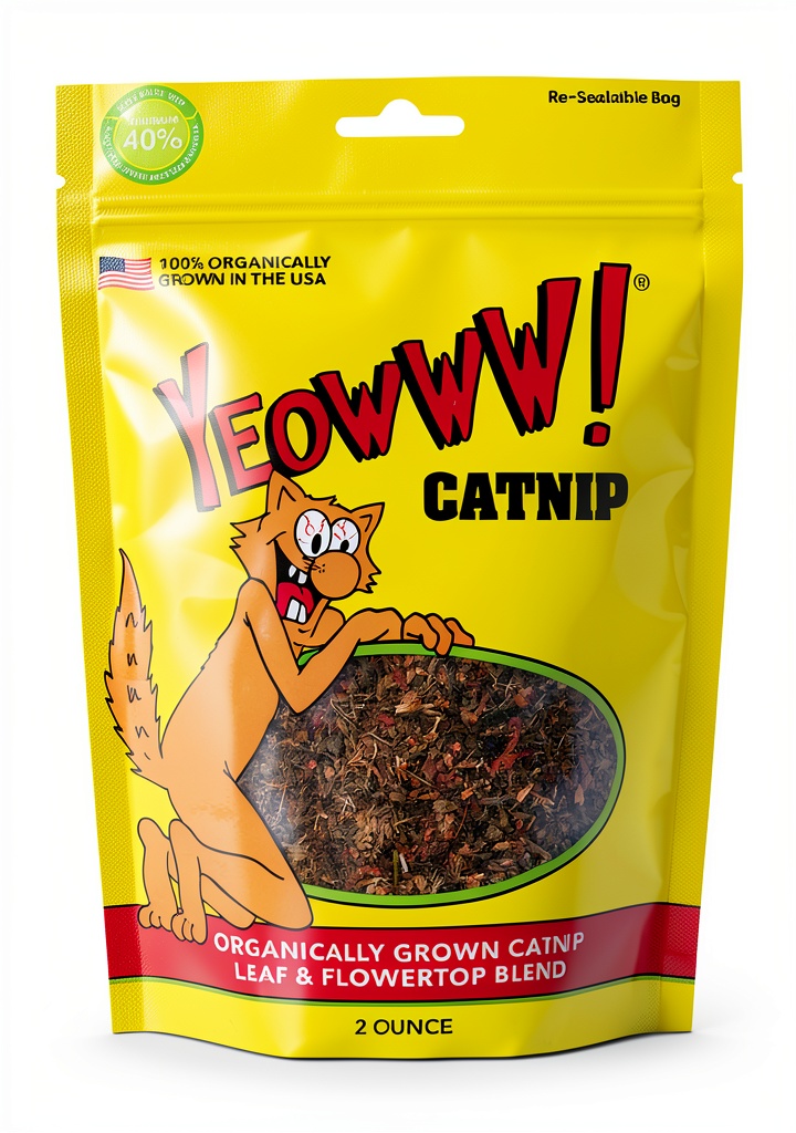 Cat playing with Yeowww organic catnip on a scratching post