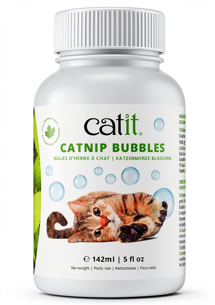 Cat playing with catnip bubbles in a living room